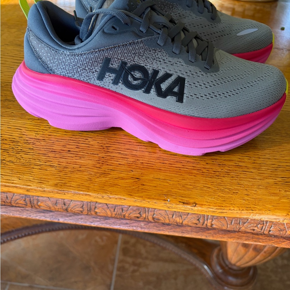 Hoka  Bondi 8 Women's Gray and Pink Athletic Shoes size 6 B